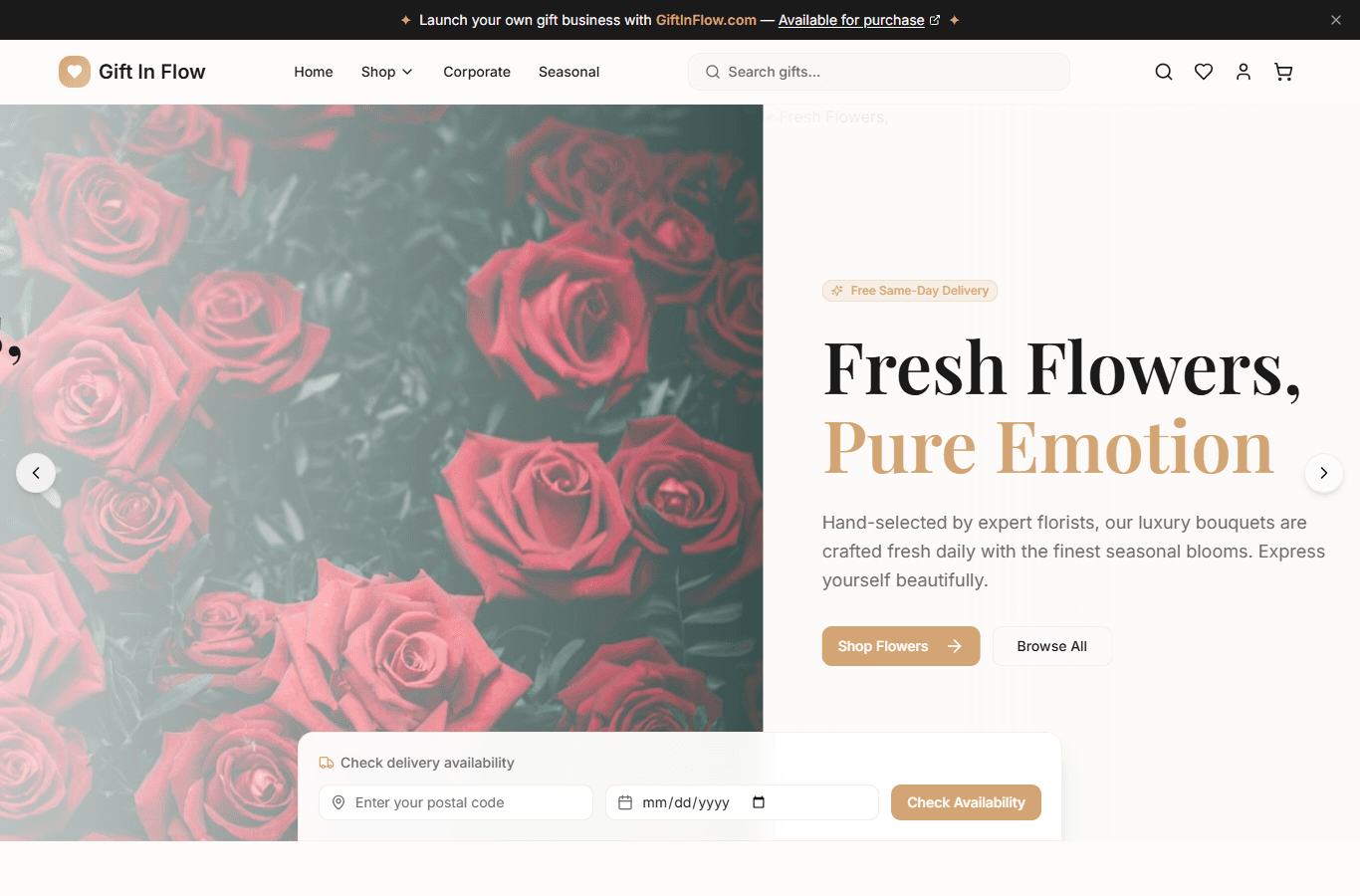 GiftInflow ecommerce storefront showing seasonal flower merchandising, search, delivery availability, and checkout entry points